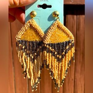Beige and gray, beaded fringe earrings
